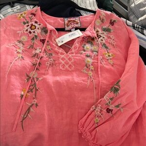 Johnny Was Coral Embroidered Floral V-Neck Tunic